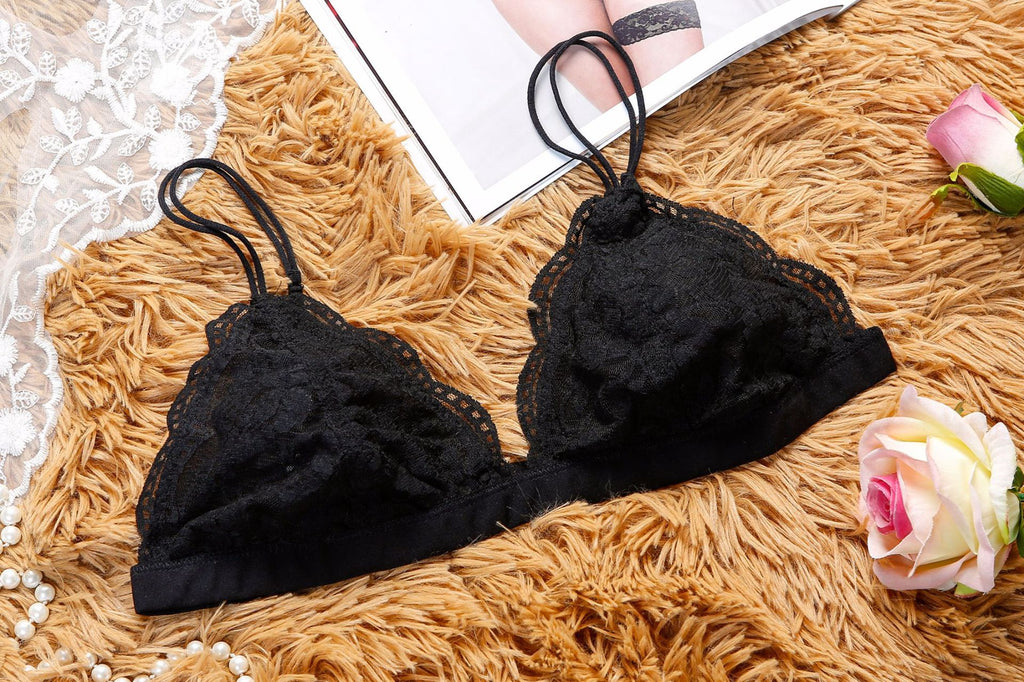 Black Shelliy Lace Demi Bra Flat lay on faux fur, front — Wire-Free