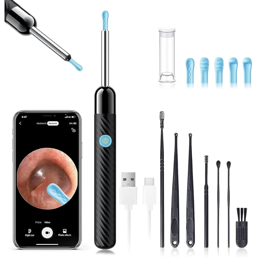 Carsine Ear Wax Removal - Earwax Remover Tool with 8 Pcs Ear Set - Ear Canal Cleaner with 1080P Camera - FSA HSA Eligible - Ear Cleaning Kit with 6 Ear Spoon - Ear Camera for iOS & Android Black
