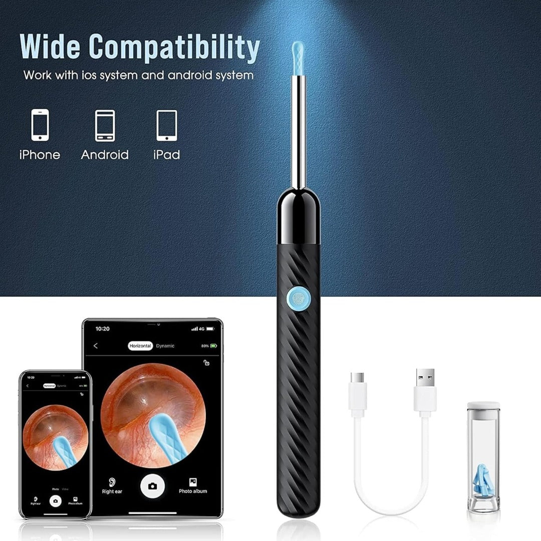 Carsine Ear Wax Removal - Earwax Remover Tool with 8 Pcs Ear Set - Ear Canal Cleaner with 1080P Camera - FSA HSA Eligible - Ear Cleaning Kit with 6 Ear Spoon - Ear Camera for iOS & Android Black