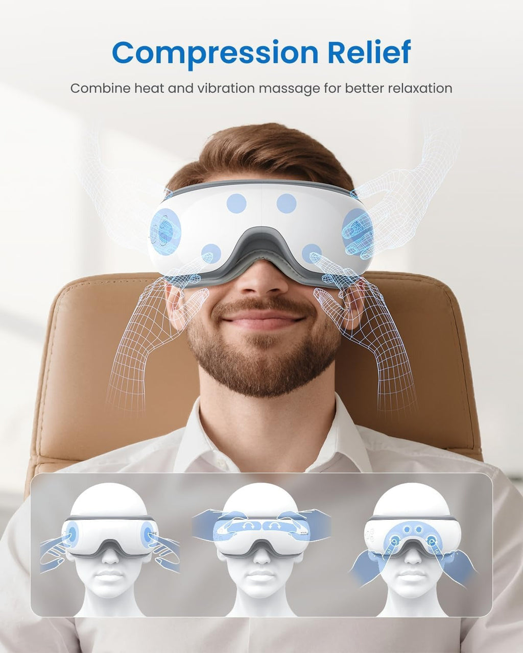 Carsine Eye Massager with Heat, FSA Eligible HSA Eye Mask for Migraine, Sleep Mask for Dry Eyes Relax, Reduce Eyeris Strain White