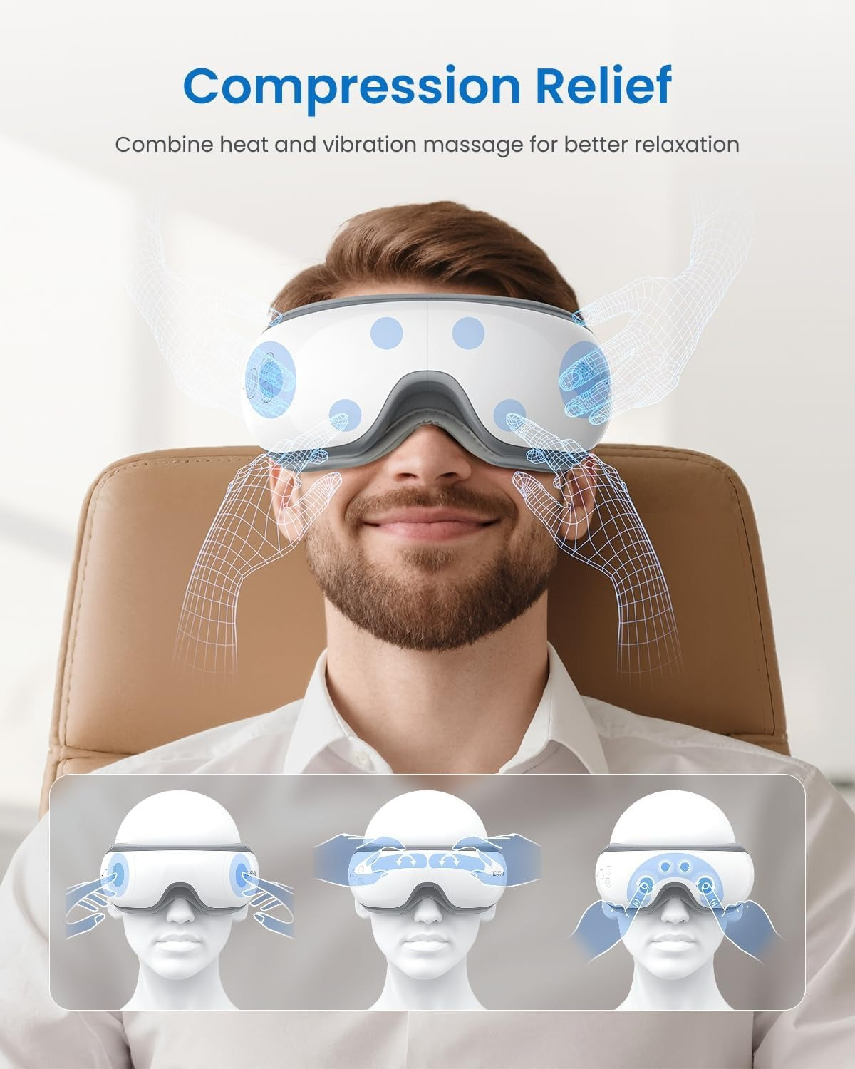 Carsine Eye Massager with Heat, FSA Eligible HSA Eye Mask for Migraine, Sleep Mask for Dry Eyes Relax, Reduce Eyeris Strain White