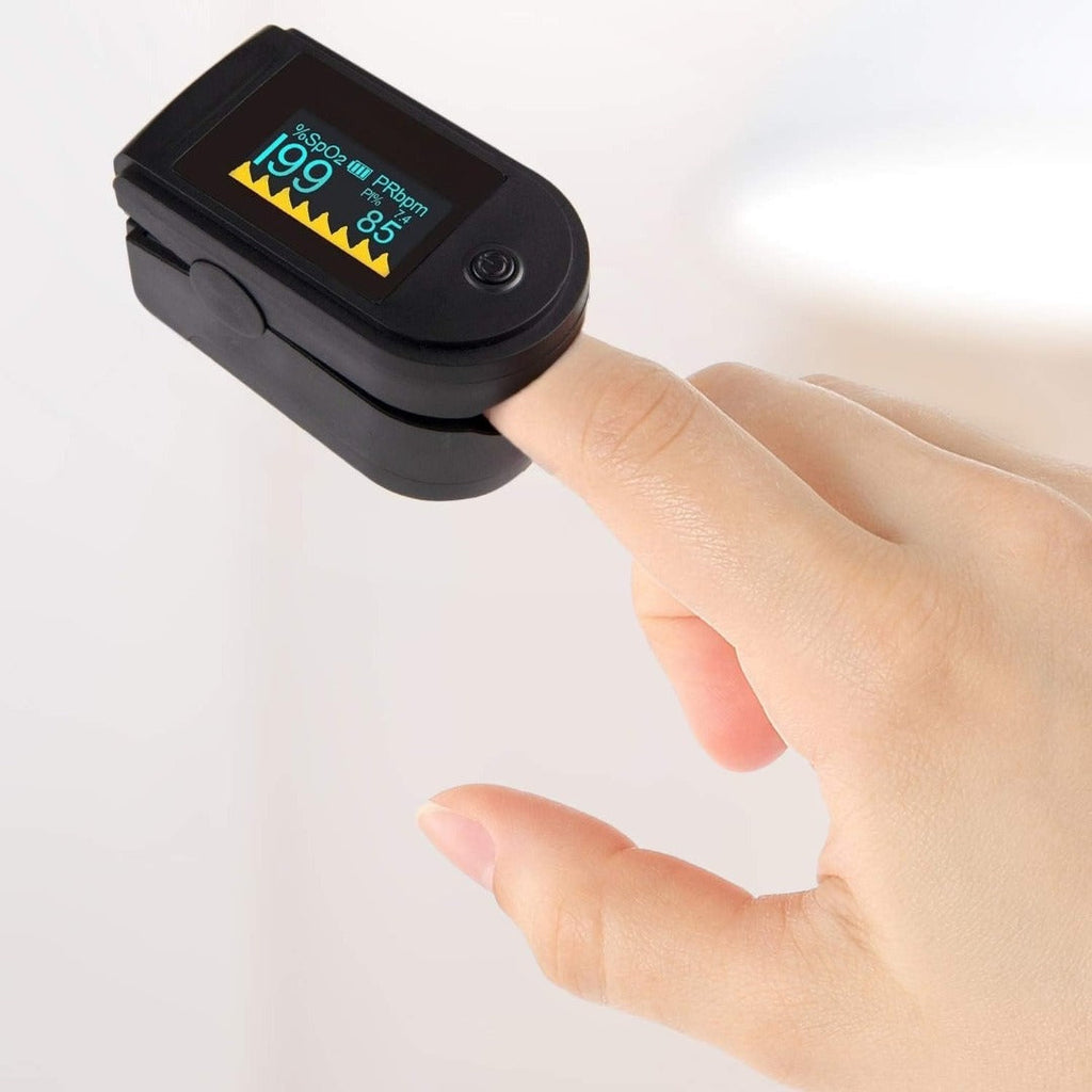 Carsine Fingertip Pulse Oximeter Blood Oxygen Saturation Monitor with Silicone Cover, Batteries and Lanyard Black