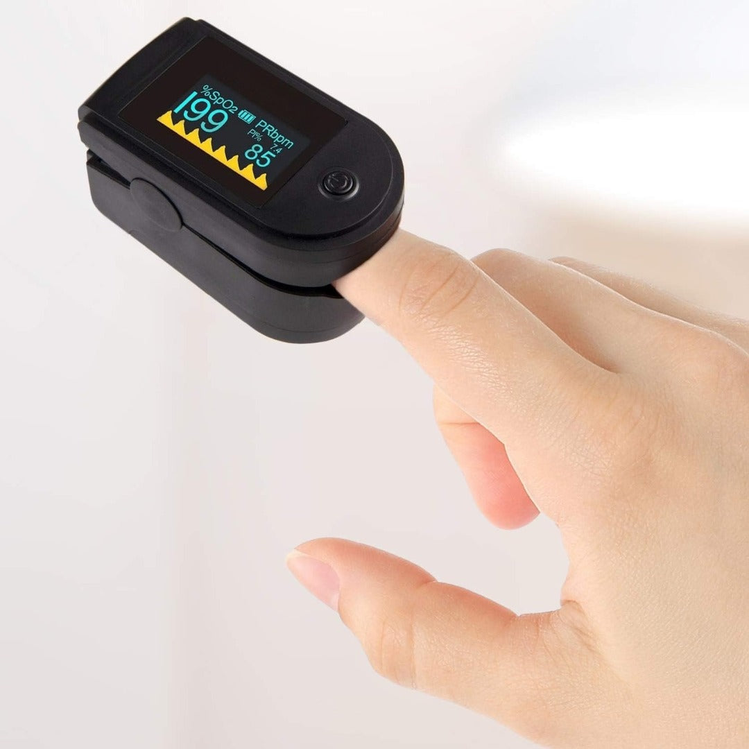 Carsine Fingertip Pulse Oximeter Blood Oxygen Saturation Monitor with Silicone Cover, Batteries and Lanyard Black