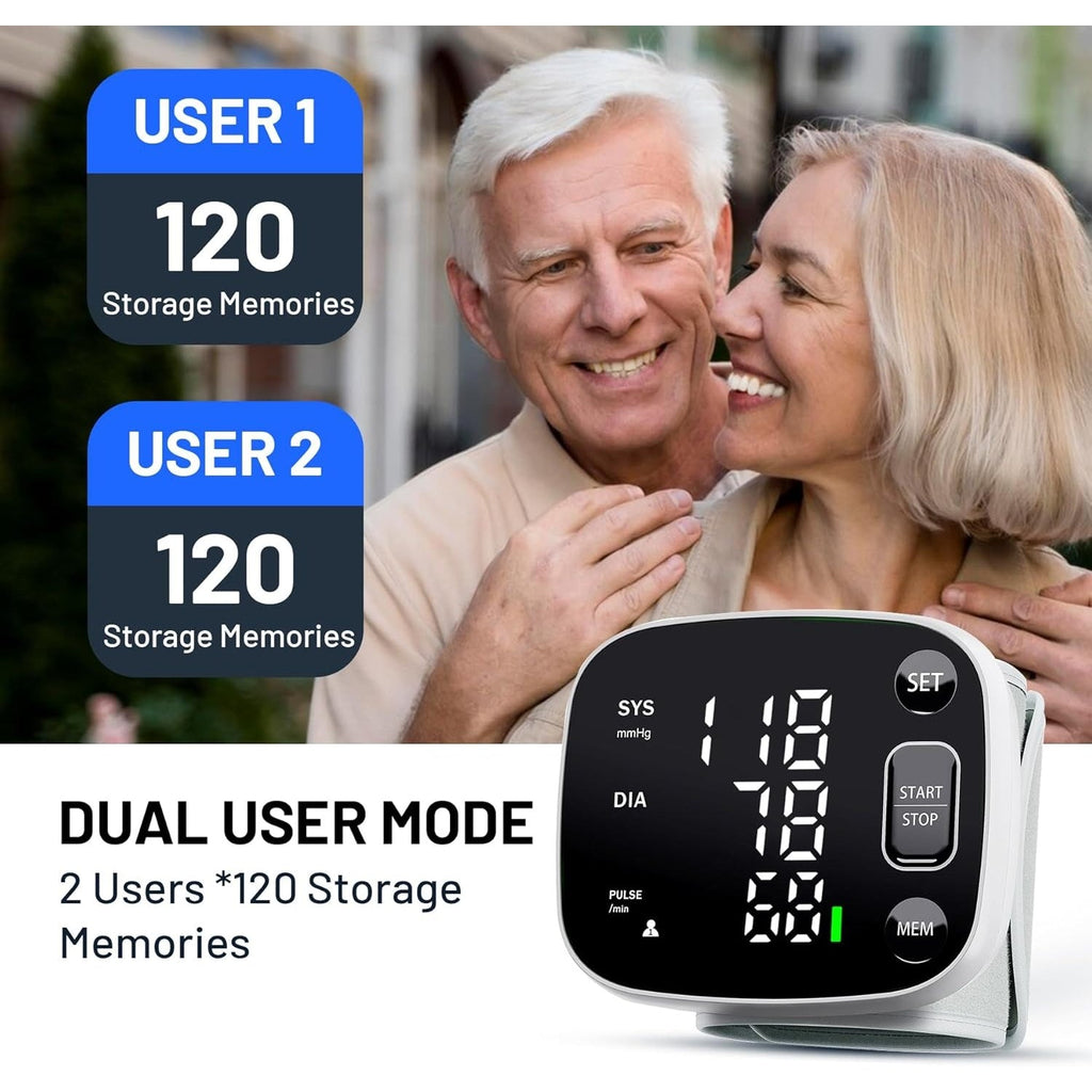 Carsine Blood Pressure Monitor Rechargeable Blood Pressure Monitors for Home Use Adjustable Automatic Wrist Cuff Voice Broadcast 2 * 120 Reading Memory for 2 Users with Carrying Case Black