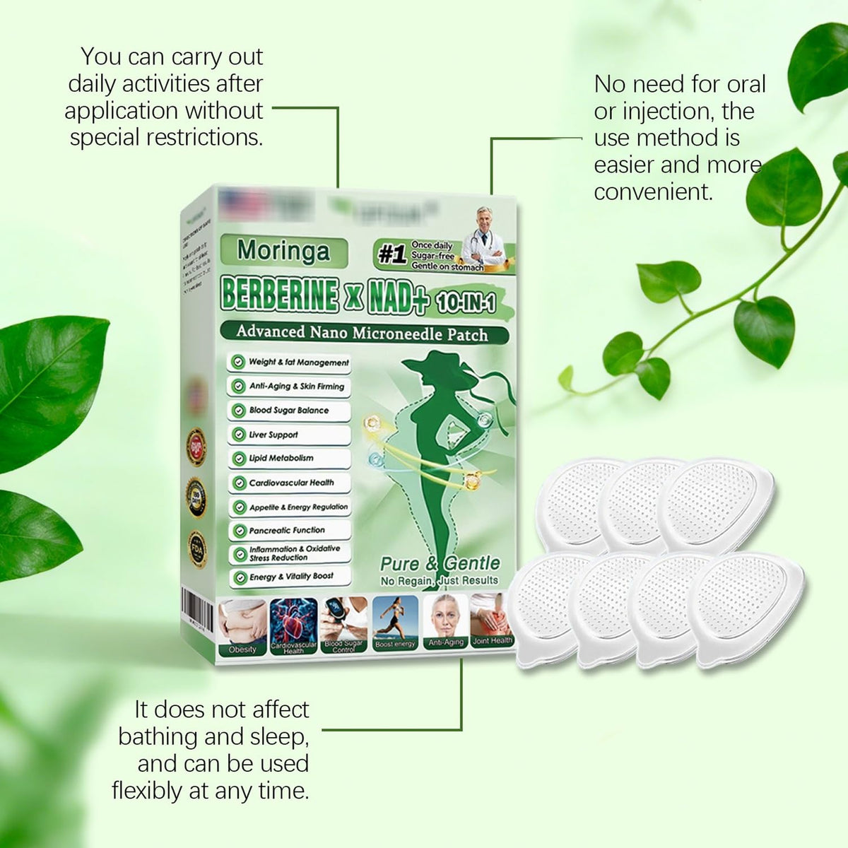 Moringa Berberine Patches,2026 Upgraded Moringa 10-in-1 Nano Microdarts Patch,Suitable for All Skin Types Natural Herbal Body Patch for Women Men
