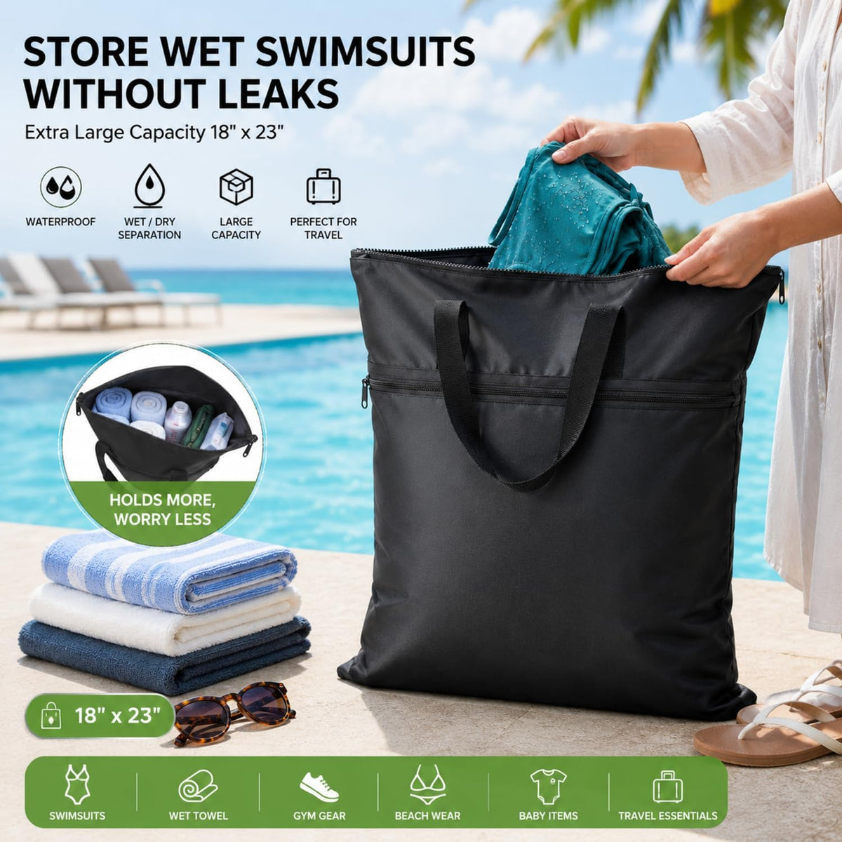 2 Pack Travel Laundry Bag 18" x 23" Wet Bag for Dirty Clothes Swim