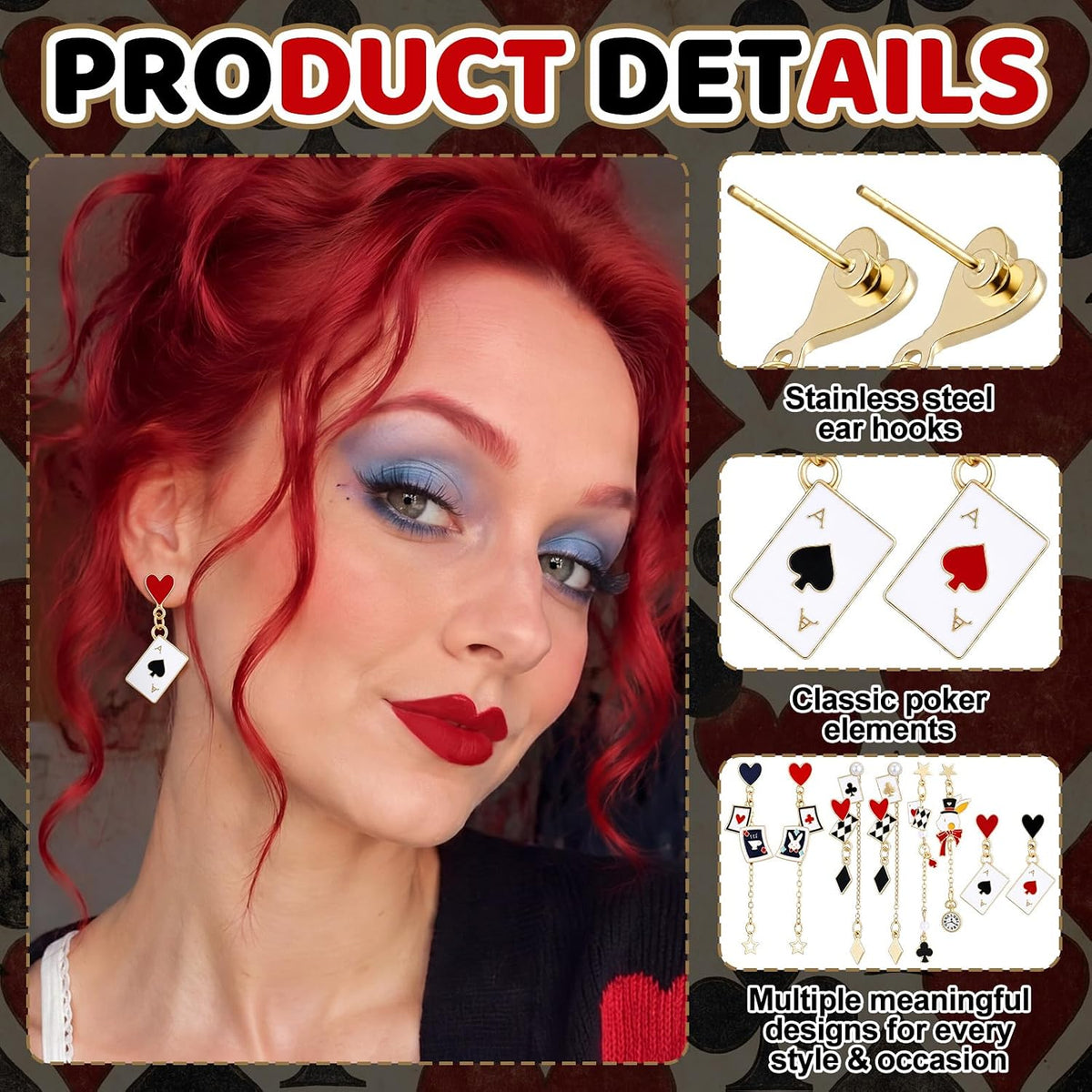 4 Pairs Poker Earrings for Women Playing Card Dangle Drop Ace Heart Earrings Poker Themed Jewelry for Casino Party Halloween Costume