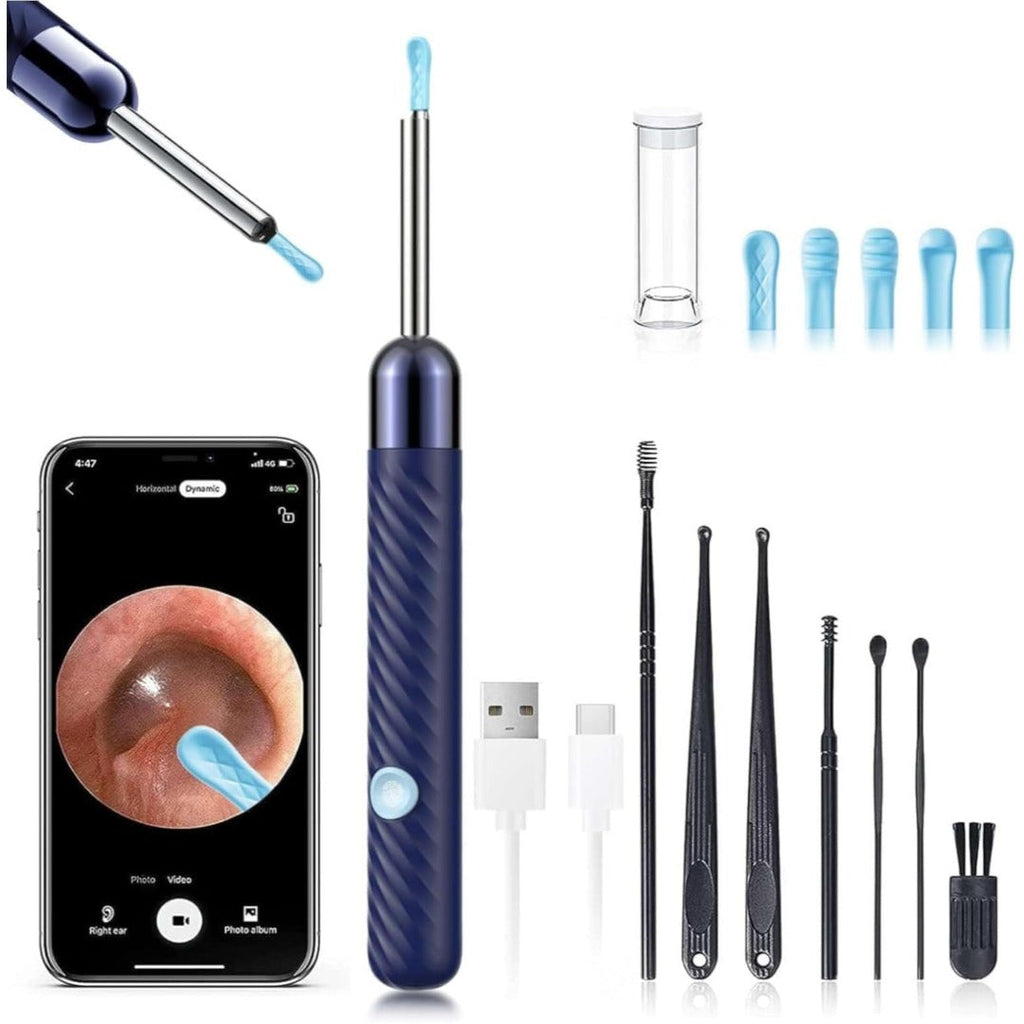 Carsine Ear Wax Removal - Earwax Remover Tool with 8 Pcs Ear Set - Ear Canal Cleaner with 1080P Camera - FSA HSA Eligible - Ear Cleaning Kit with 6 Ear Spoon - Ear Camera for iOS & Android Navy blue