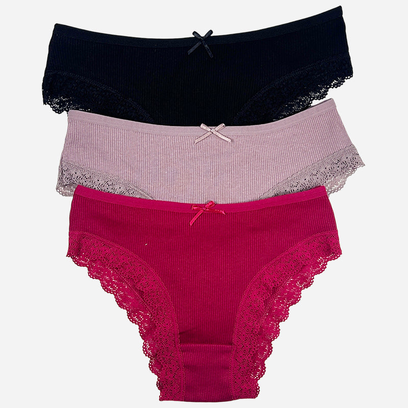 Shelliy Ribbed Cotton Lace-Trim Bikini with Bow - View 1
