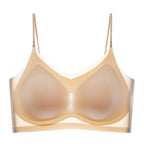 Beige Shelliy Bra seamless molded-cup wireless front view with thin straps on white — Flat-lay