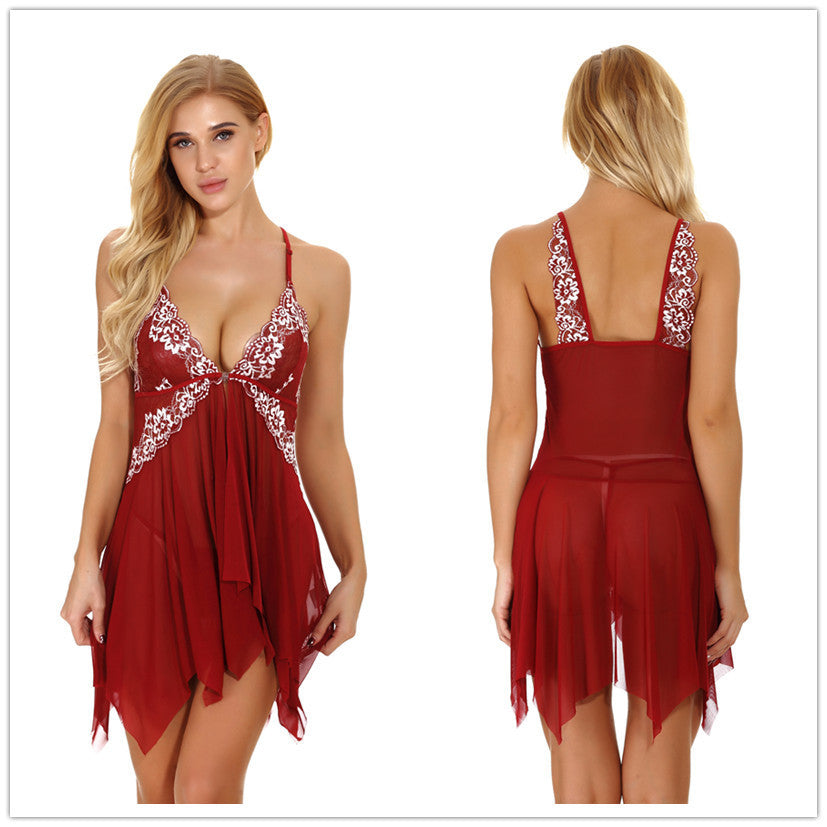 Red lace babydoll, front and back views of the petal hem — Shelliy