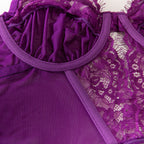 Shelliy Purple Plunge Basque Lace Sheer 3-Piece Garter Set