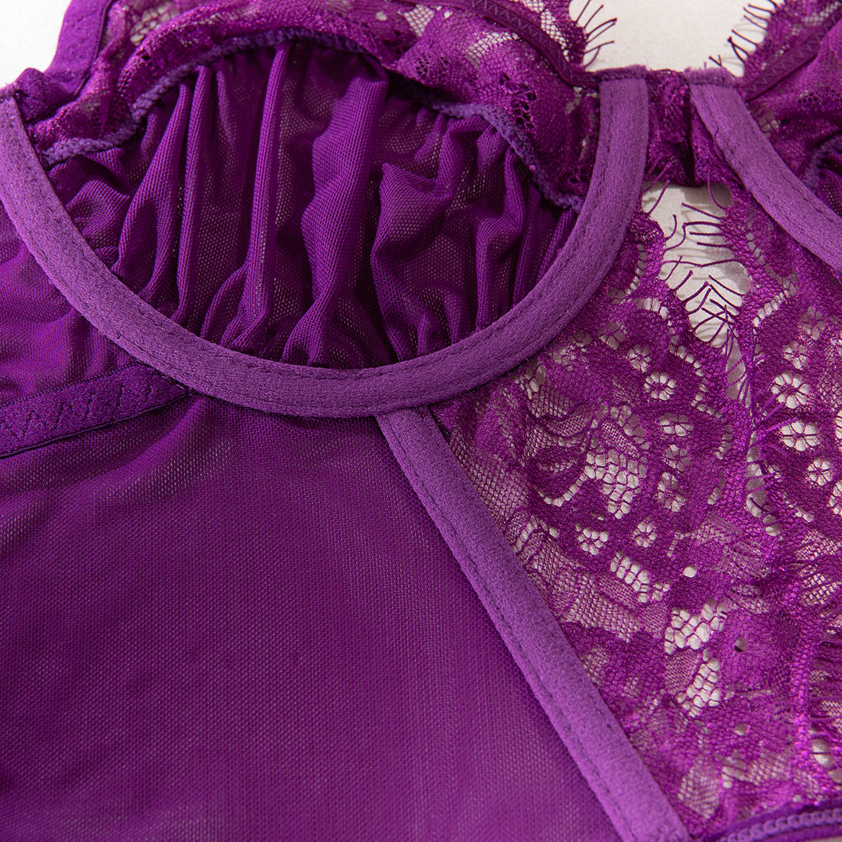 Shelliy Purple Plunge Basque Lace Sheer 3-Piece Garter Set