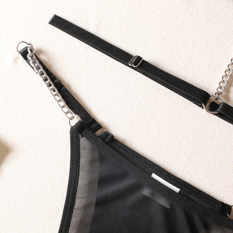 Shelliy Dark Romance Chain-Thong Sheer Mesh 3-Piece Lingerie Set