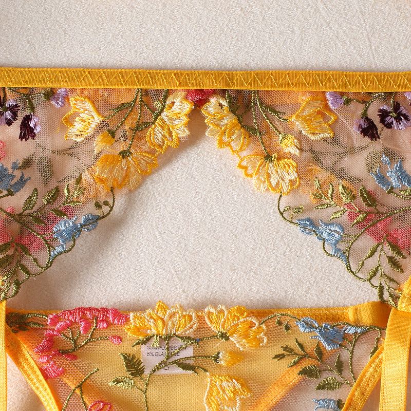 Shelliy Romantic Sheer Floral 3-Piece Garter Thong Set