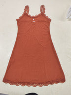 Brown Shelliy Lace Slip Nightdress flat lay on fabric, front — Lace