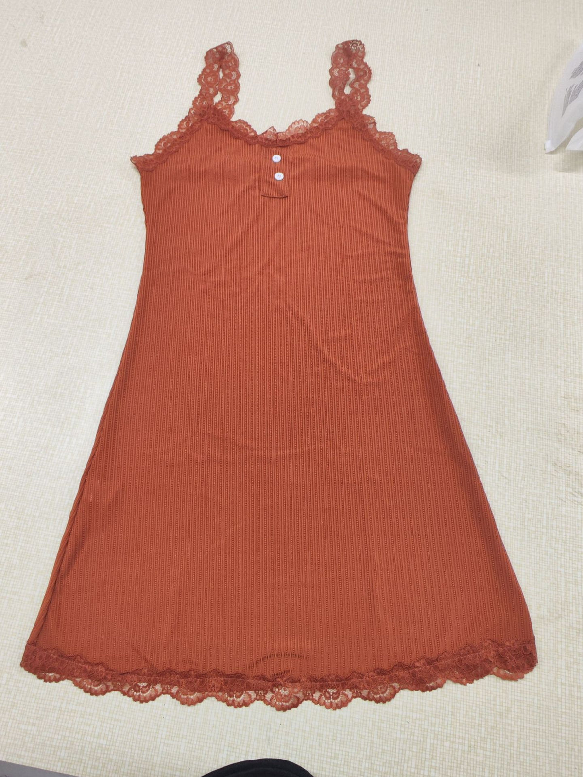 Brown Shelliy Lace Slip Nightdress flat lay on fabric, front — Lace