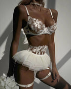 Shelliy Coquette Embroidered Ruffle 3-Piece Garter & Thong Set White