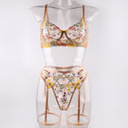 Shelliy Romantic Sheer Floral 3-Piece Garter Thong Set
