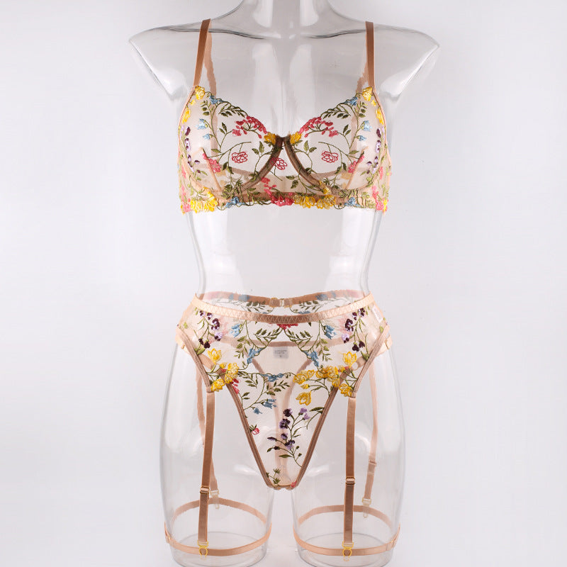 Shelliy Romantic Sheer Floral 3-Piece Garter Thong Set