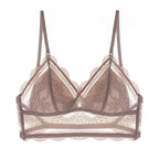 Taupe Shelliy Bra lace triangle-cup bralette front view with thin straps on white — Flat-lay