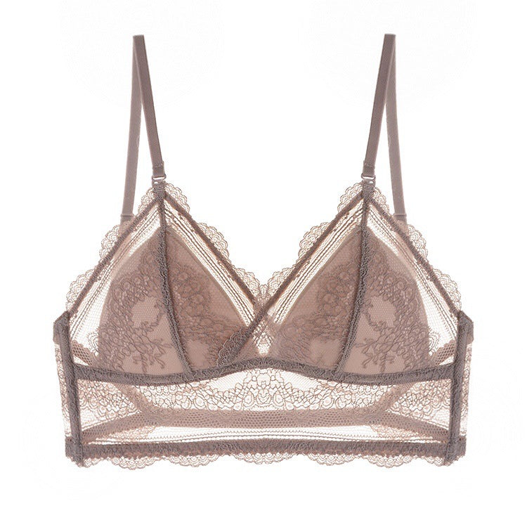 Taupe Shelliy Bra lace triangle-cup bralette front view with thin straps on white — Flat-lay