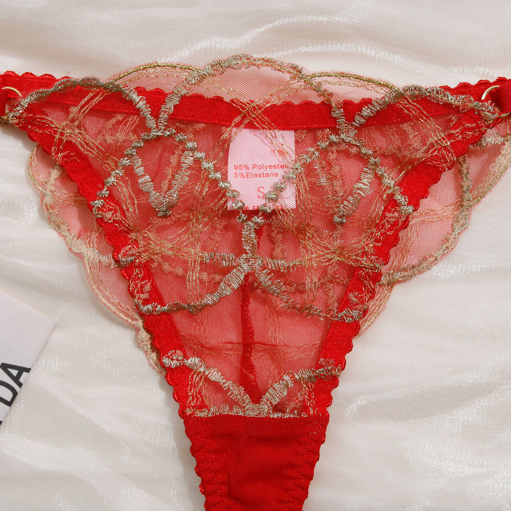 Shelliy French Embroidered Sheer Garter Thong Set