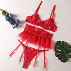 Shelliy Coquette Embroidered Ruffle 3-Piece Garter & Thong Set