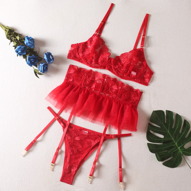 Shelliy Coquette Embroidered Ruffle 3-Piece Garter & Thong Set