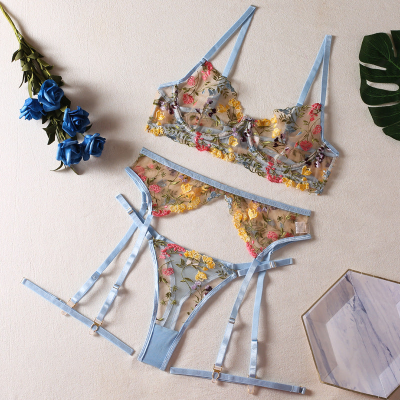 Shelliy Romantic Sheer Floral 3-Piece Garter Thong Set Blue