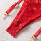 Shelliy Coquette Embroidered Ruffle 3-Piece Garter & Thong Set