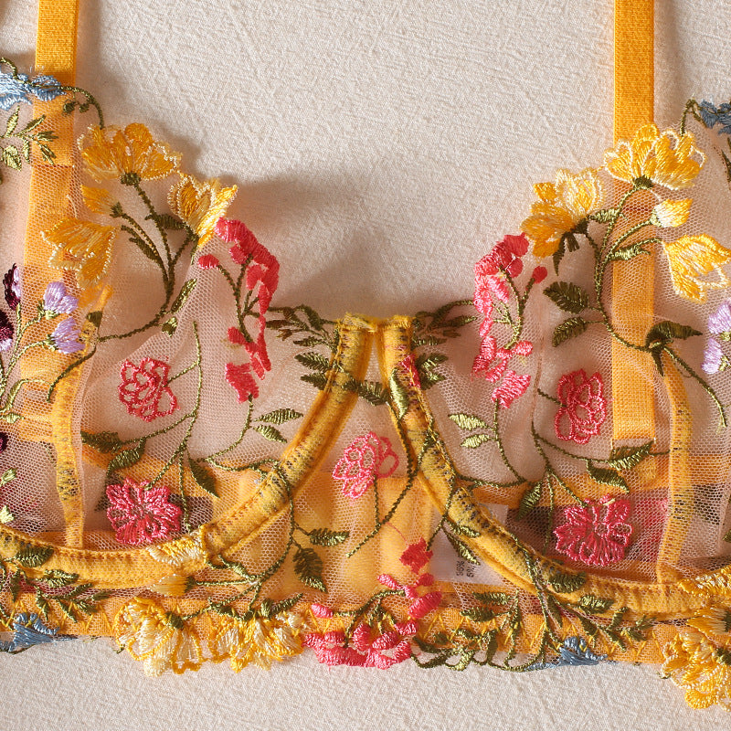 Shelliy Romantic Sheer Floral 3-Piece Garter Thong Set