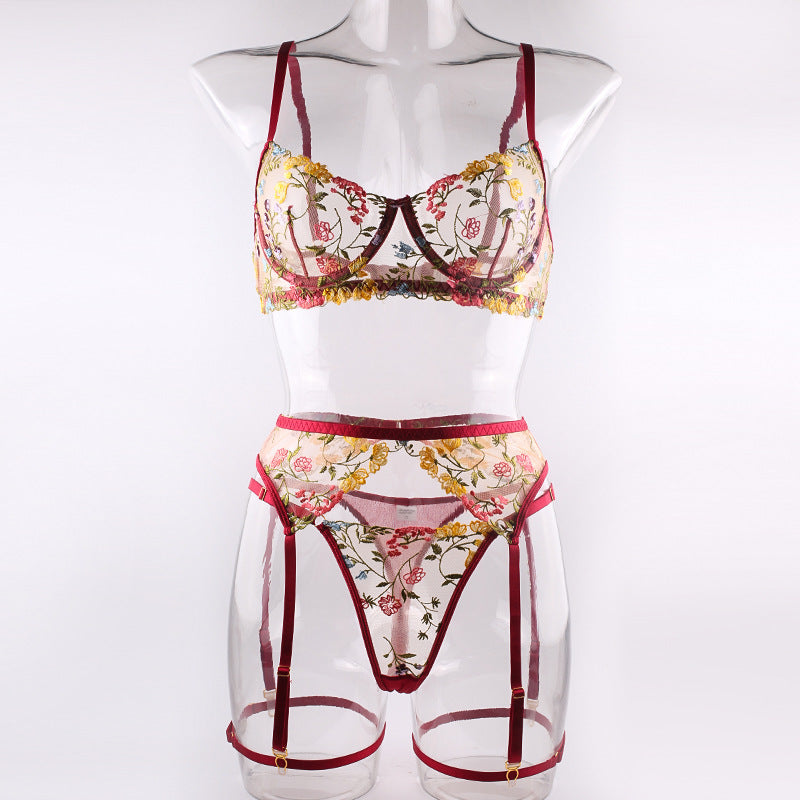 Shelliy Romantic Sheer Floral 3-Piece Garter Thong Set