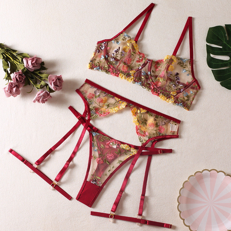 Shelliy Romantic Sheer Floral 3-Piece Garter Thong Set Burgundy