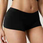 Black Shelliy Brief Three-quarter Hip View On Beige Backdrop — On-body