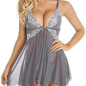 Grey lace-cup babydoll, front view on model — Shelliy