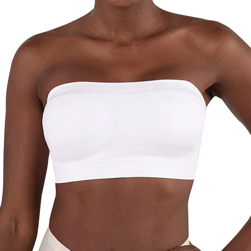 White bandeau bra, front close-up on a darker-skinned model — Shelliy Minimalist