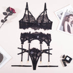 Shelliy Midnight Luxe Eyelash Lace Garter 4-Piece Set Black