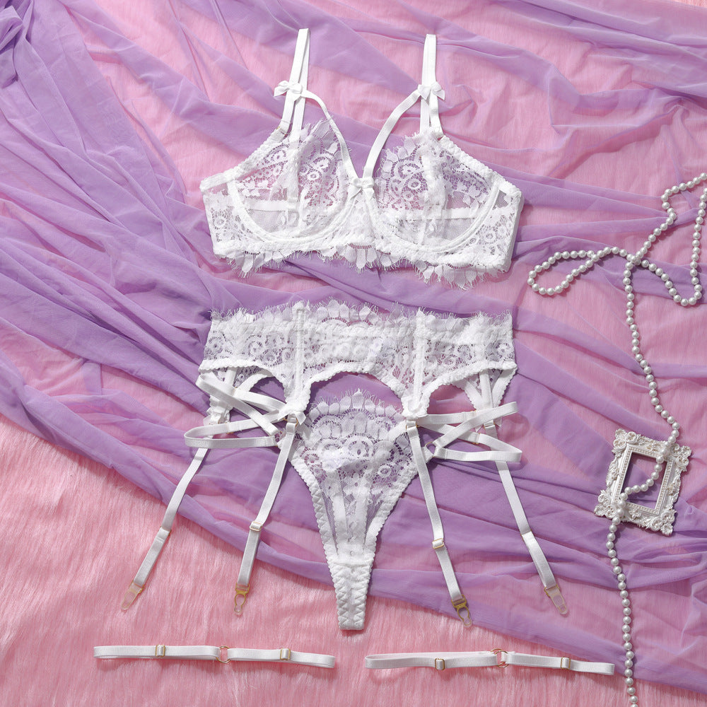Shelliy Midnight Luxe Eyelash Lace Garter 4-Piece Set White