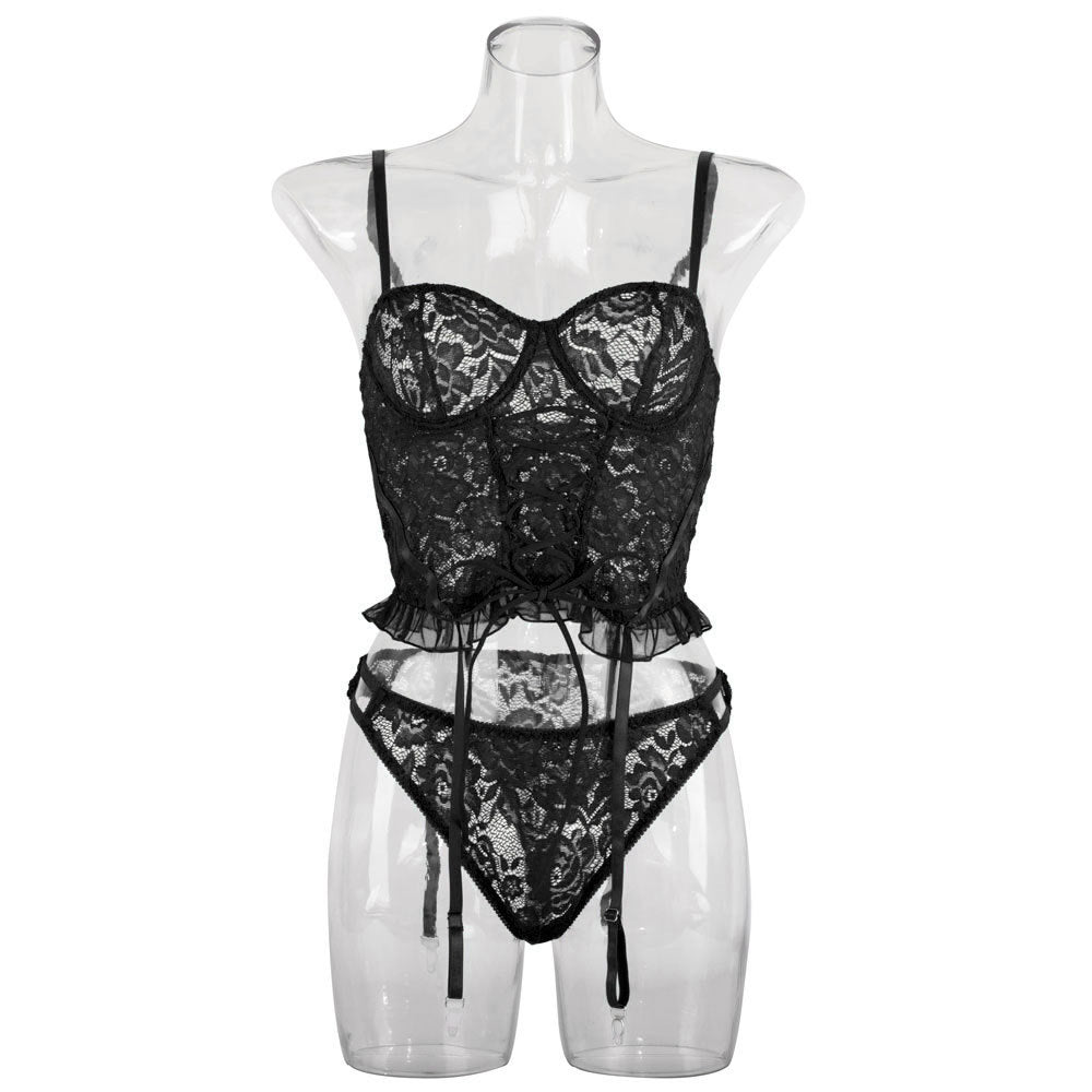 Shelliy Midnight Lace-Up Lace 3-Piece Garter & Thong Set