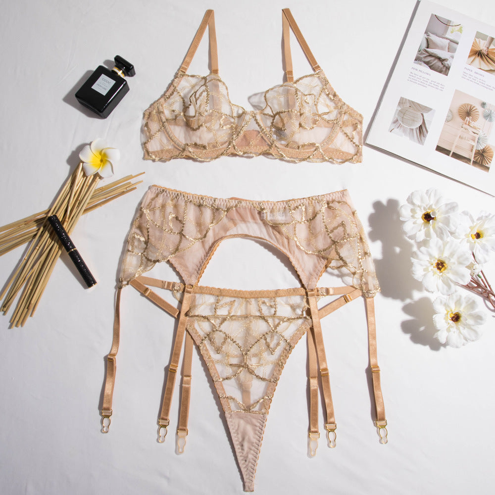 Shelliy French Embroidered Sheer Garter Thong Set Detail — Shelliy Official