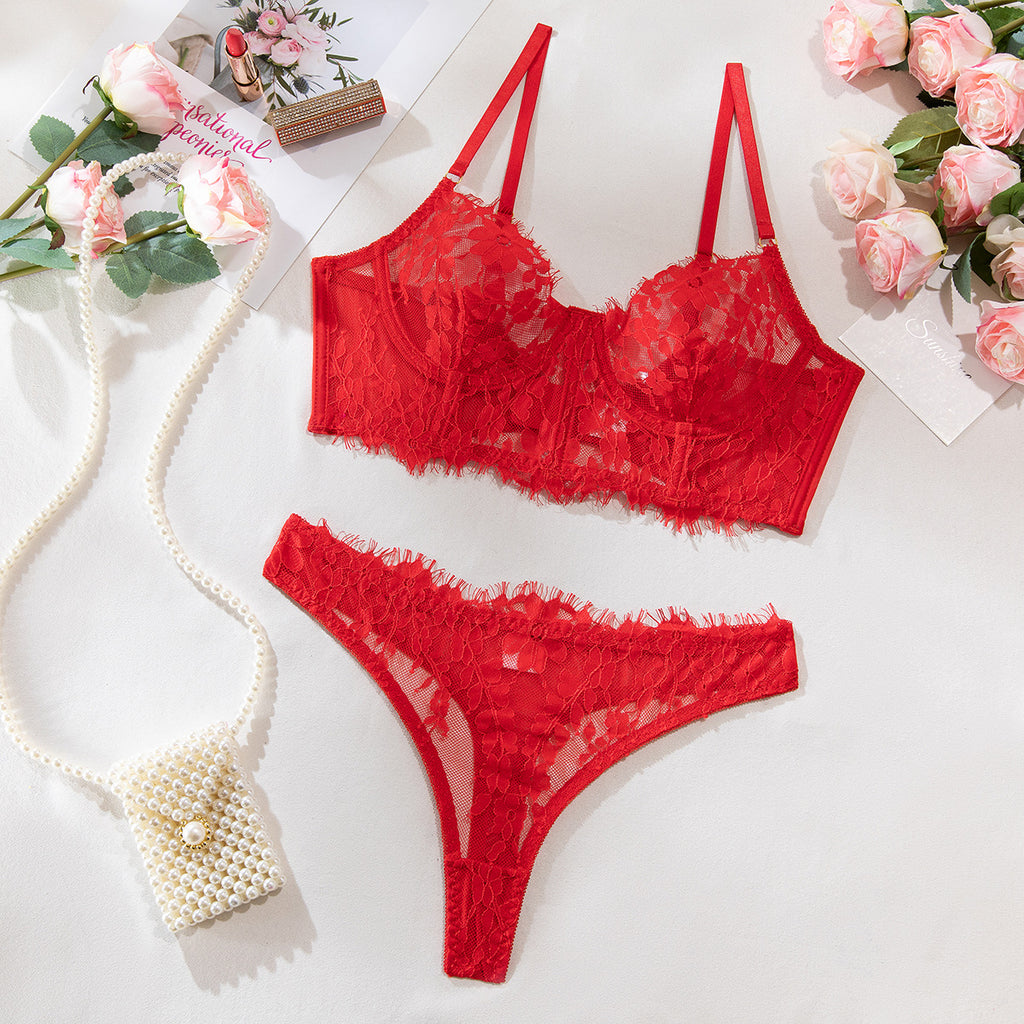 Shelliy Coquette Lace Boned Cami Corset Set Red