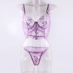 Shelliy Bridal Lavender Lace Longline Sheer 2-Piece Lingerie Set