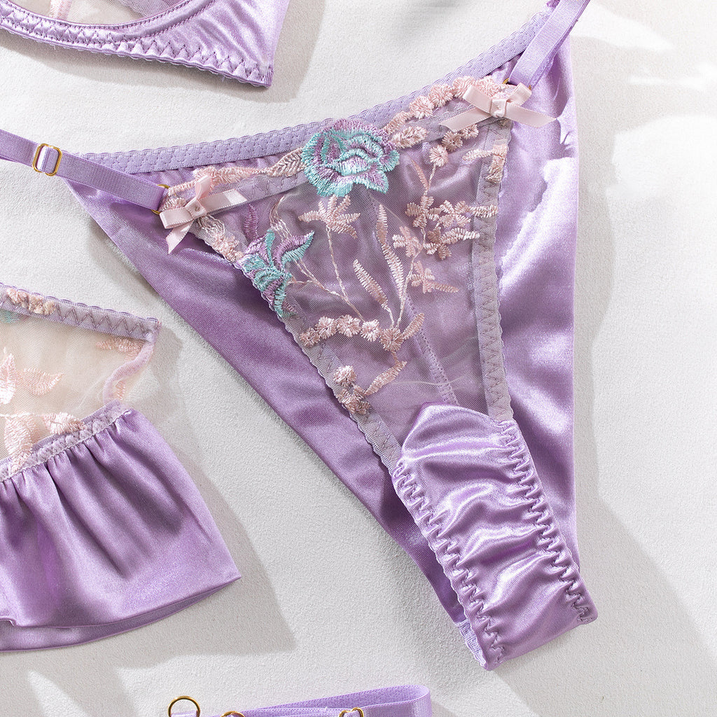 Shelliy French Sheer Embroidered 4-Piece Lingerie Set