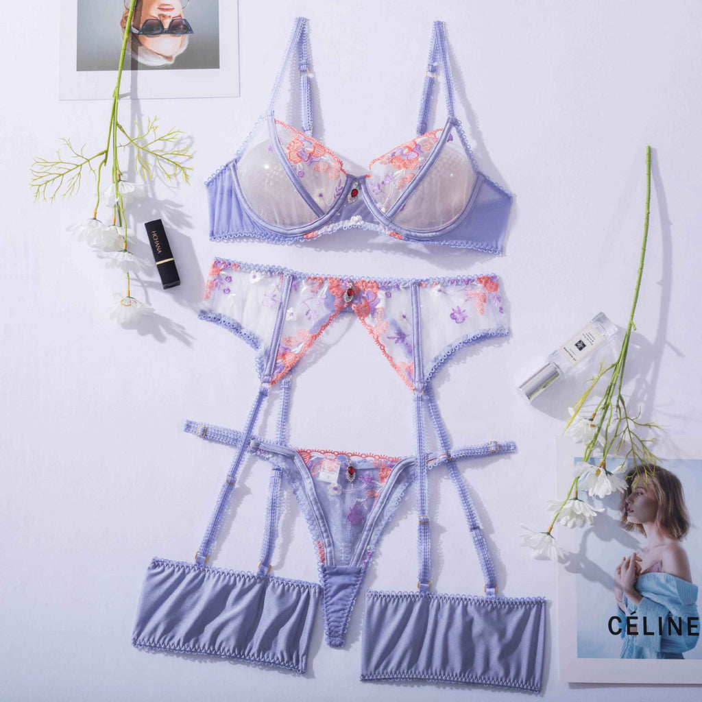 Shelliy Luxe Embroidered Mesh 3-Piece Garter Thong Set