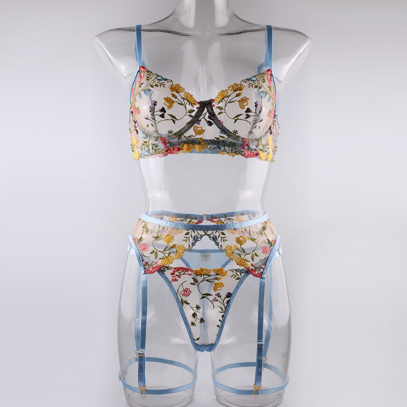 Shelliy Romantic Sheer Floral 3-Piece Garter Thong Set