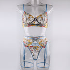 Shelliy Romantic Sheer Floral 3-Piece Garter Thong Set