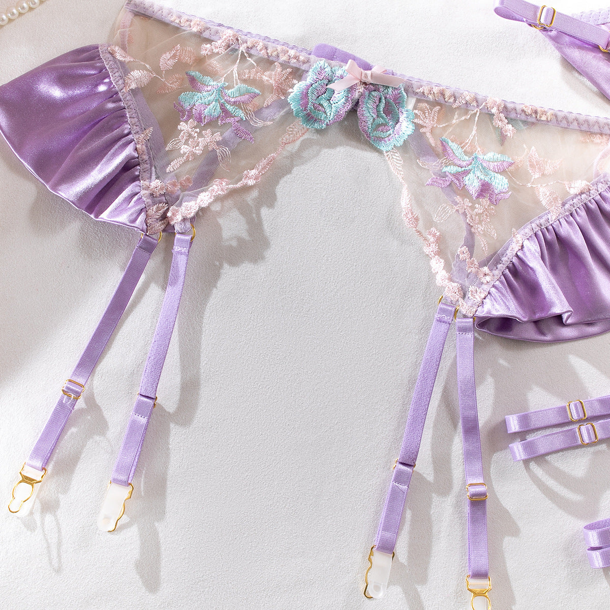Shelliy French Sheer Embroidered 4-Piece Lingerie Set