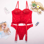 Shelliy Midnight Lace-Up Lace 3-Piece Garter & Thong Set Red