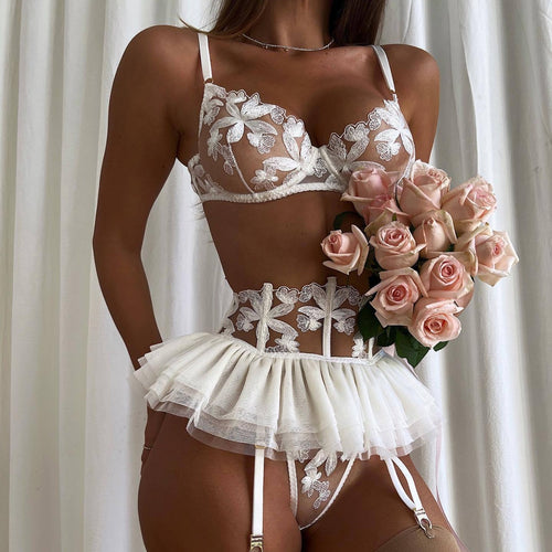 Shelliy Coquette Embroidered Ruffle 3-Piece Garter & Thong Set